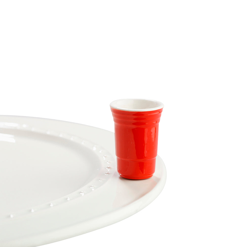 Nora fleming mini mini figure ceramic minis gift present red solo cup "fill me up" cup tailgate tailgating cookout party drinks booze alcohol beer